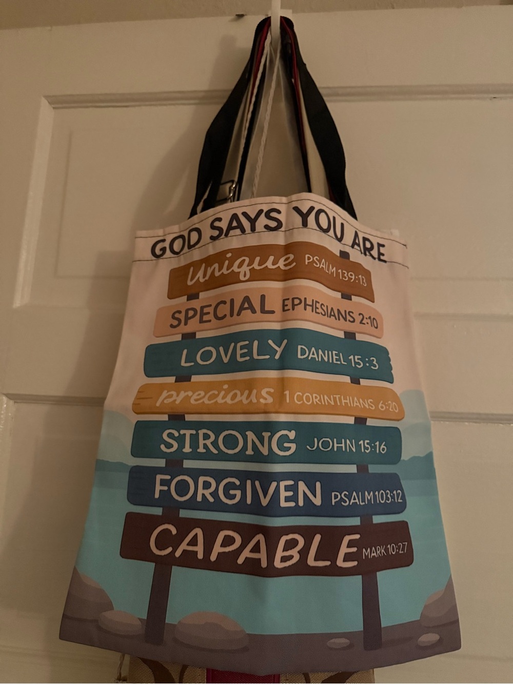 Canvas Messenger Tote Bag in Cream, Blue & Brown - Inspirational Print